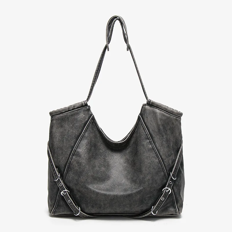 Women's Vintage Washed Leather Hobo Tote Bag, Large Capacity Soft PU Shoulder Bag with Adjustable Buckle Straps, Dark Gray