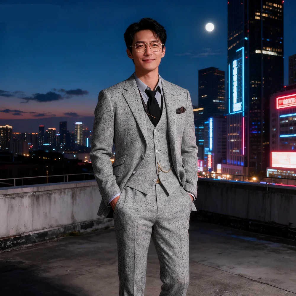 Мужской терно-набор из 3 предметов с цифровым принтом и 2 пуговицами, серый винтажный свадебный костюм из рыбьей кости, традиционный португальский мужской костюм