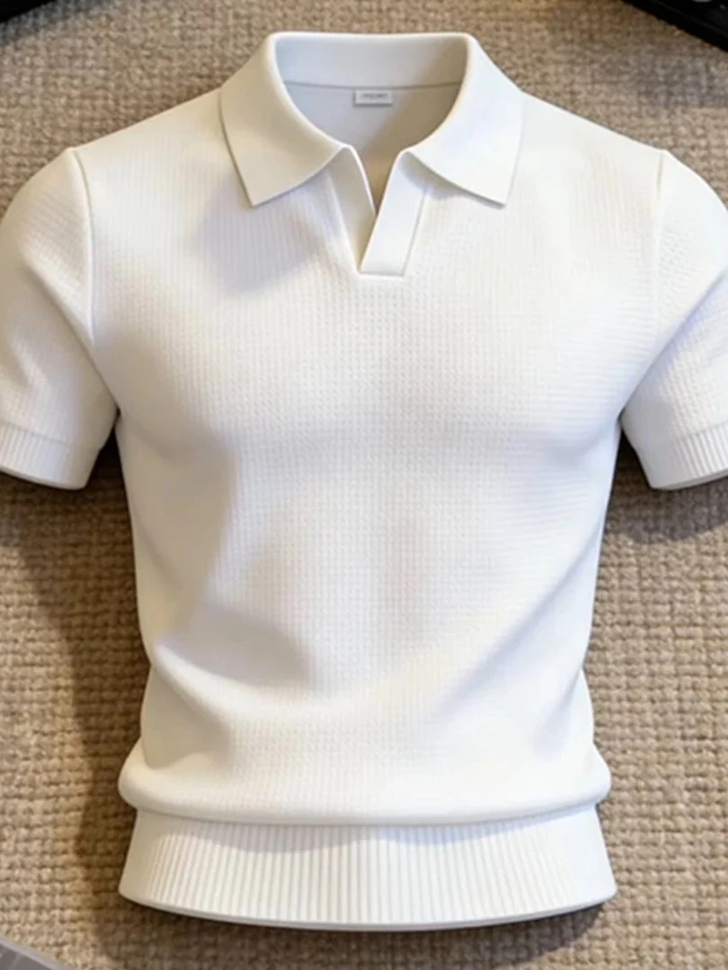 Men's Knitted  Shirt Short Sleeve Core Spin Yarn Slim Fit Sweatshirt Cool Feeling Breathable V-Neck Paul Shirt Summer Wear