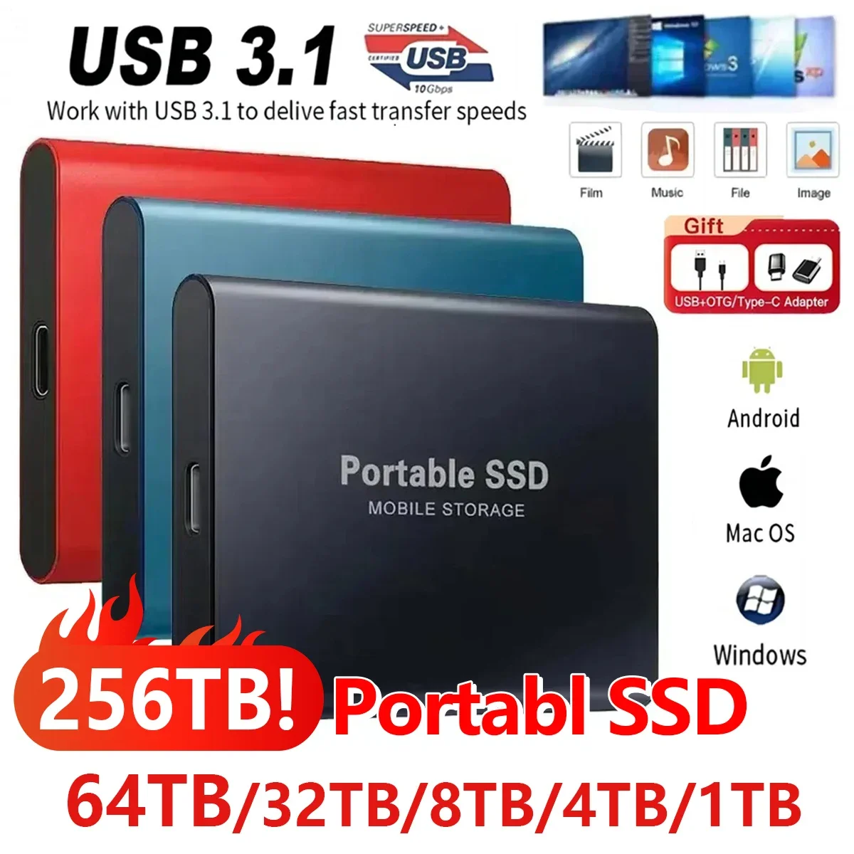 256TB Portable SSD High Speed External Hard Drive USB3.1 Type-C Interface Hard Disk Solid State Drive Mass Storage for Laptop/PC