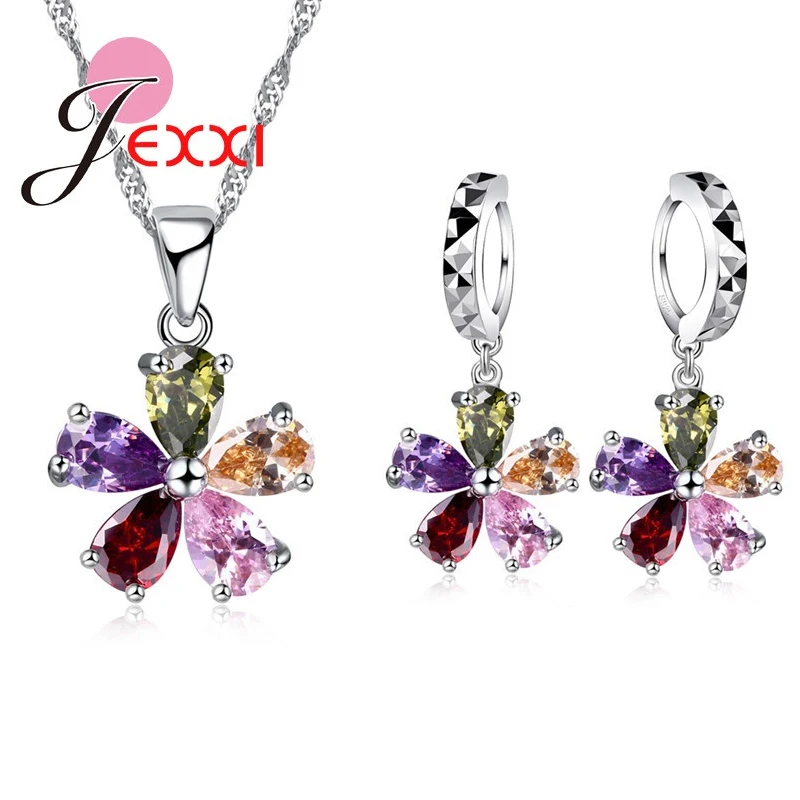 Five Petaled Flowers Colorful CZ Crystal Pendant Jewelry Sets 925  Necklace Dangle Hoop Earring Sets For Women