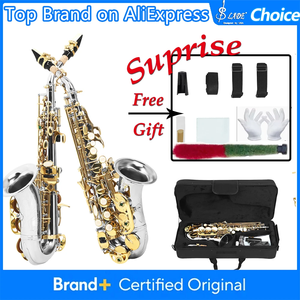 SLADE Bb Soprano Saxophone Bend Tube Brass Body Saxophone Gold Key White Shell Buttons Ideal for Beginner Exam Stage Performance