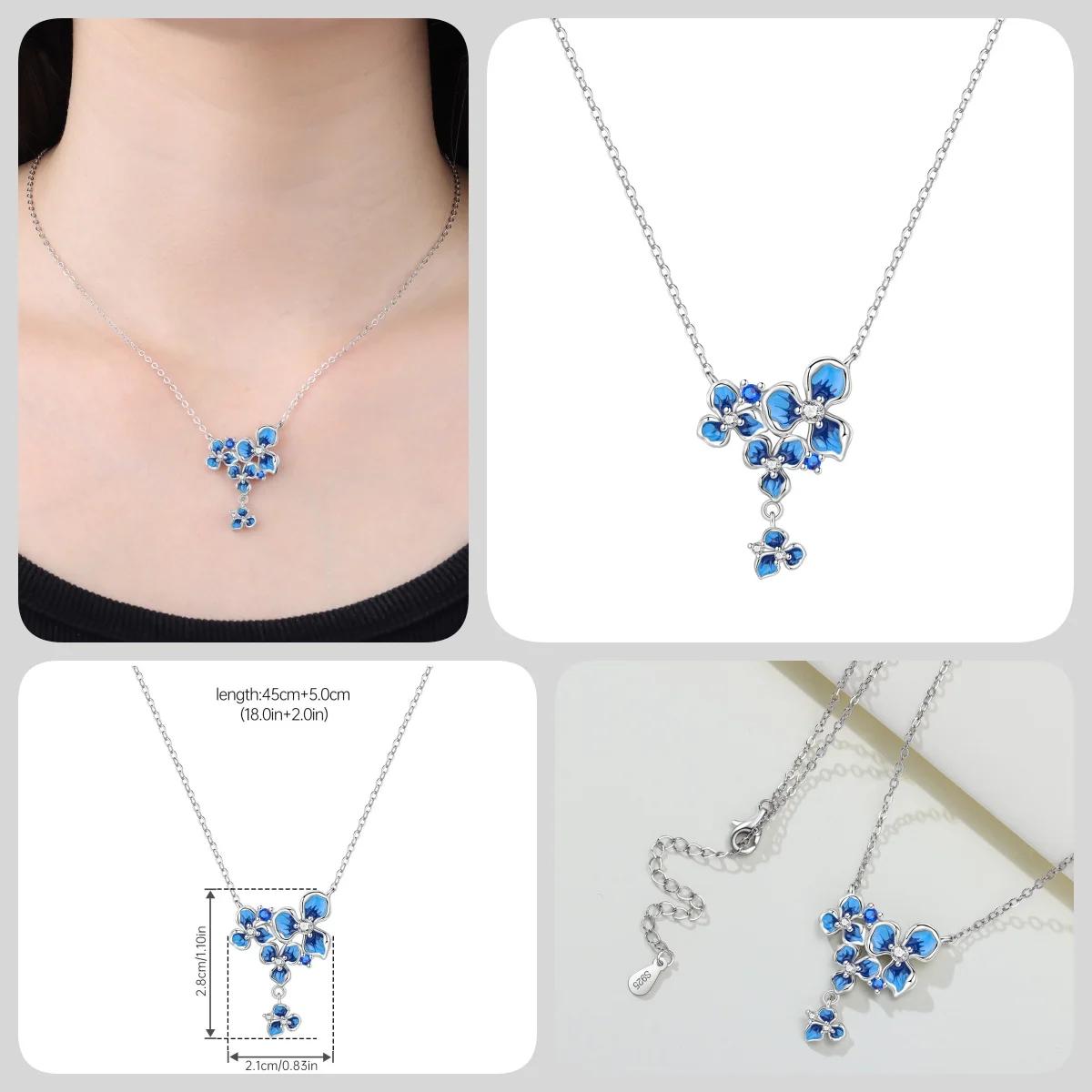 Orstarry S925 Sterling Silber Schmetterling-Blumen-Ohrringe und Halsketten-Set, Exquisites Herz-Hänge-Schmuckset für Damen, Party-Geschenk – Detail 3