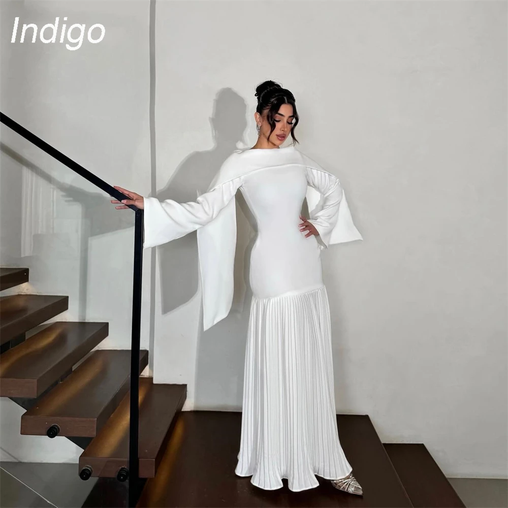 

Indigo Elegant Evening Dress Women 2025 Long Sleeve O-Neck Shawl Pleat Zipper Back Formal Party Prom Gown فساتين سهرة Customized