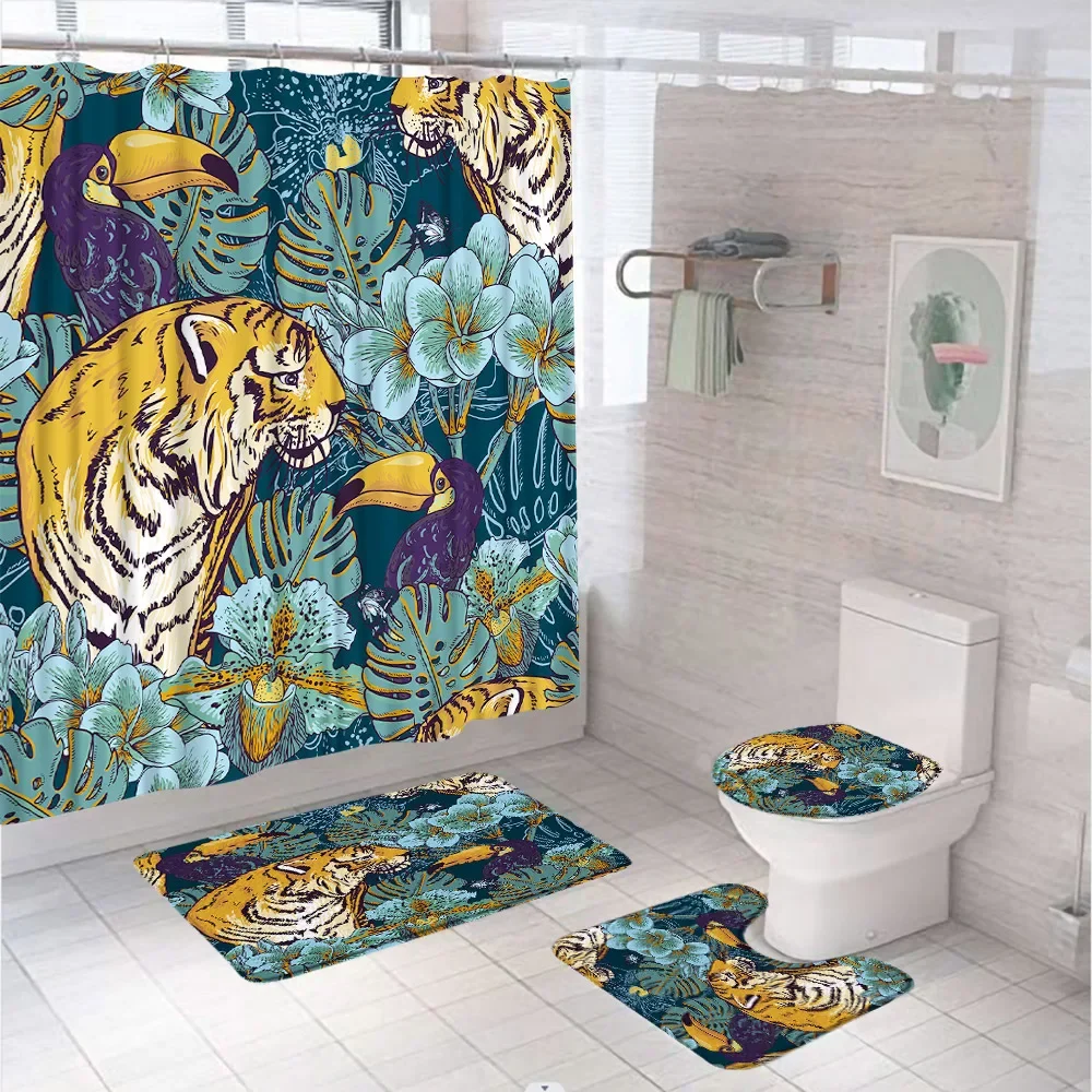 4Pc Tiger Bird Tropical Jungle Shower Curtain Set Leaves Leopard Parrot Toucan Butterfly Bathroom Curtains Non-Slip Bath Mat Rug