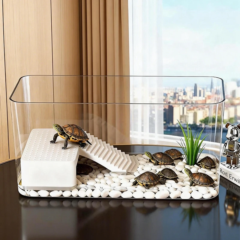 Transparent Reptile Terrarium Tank with Basking Area for Pet Turtles Hermit Crabs Tortoises - Turtle Adoption Habitat view 2