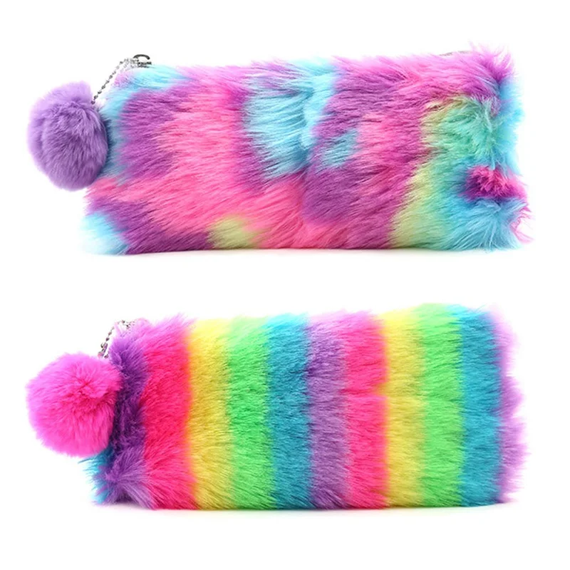 

Girls Pencilcase Coloful Rainbow Cartridge Penal Large Pen Bag Plush Pencil Case School Stationery Supplies Hairball Makeup Bag