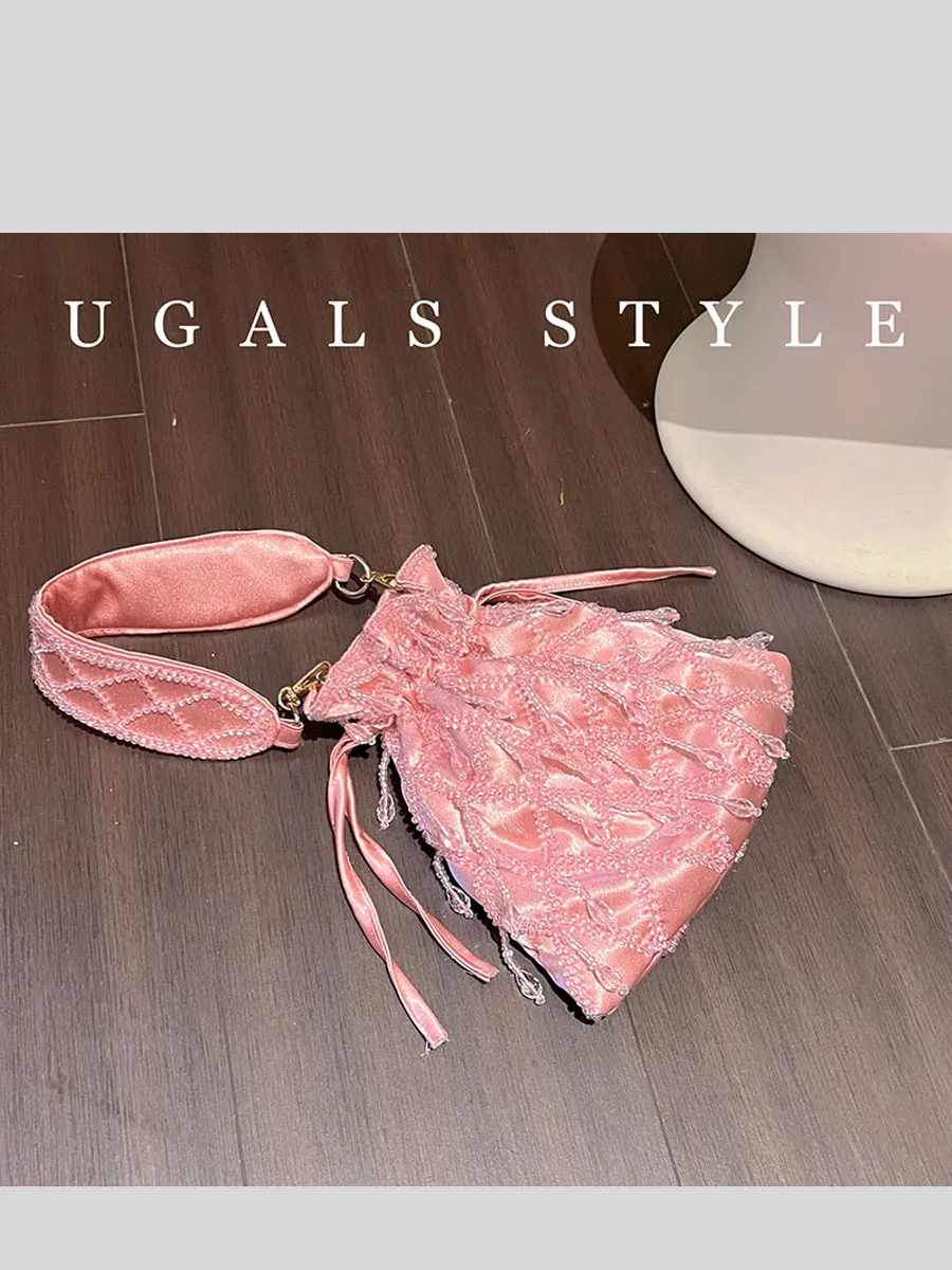 UGALS Handwoven Silk Diamond Buckle Shiny Underarm Crossbody Bag Geometric Pattern Sweet Lady Style Bucket Shape Casual Shoul...