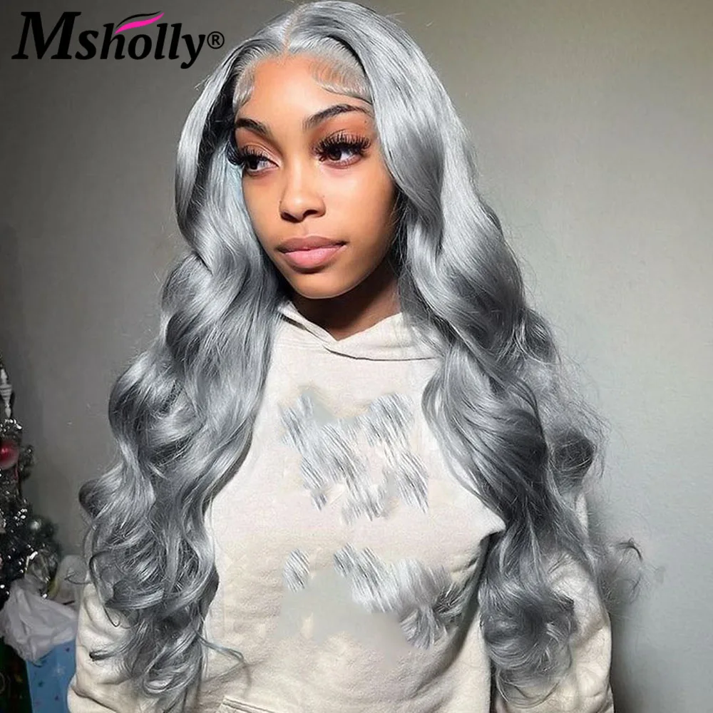 Sliver Grey Color Body Wave Human Hair 13x4 Lace Frontal Wigs Brazilian Human Hair Pre-plucked Transparent Wigs For Women