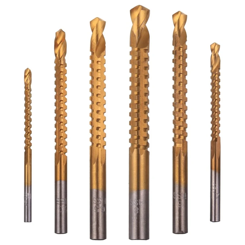 6 Piece Titanium Twist Drill Bits, HSS Pulling Carpenter Wood Metal Plastic Cutting Hole Serrated Twist Drill Bits Groove Drill