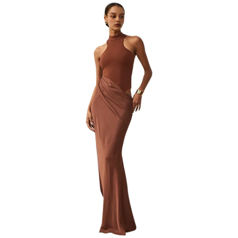 A83F-Women's Summer Lounge Tank Long Dress Elegant Sleeveless Halter Neck Bodycon Maxi Dresses