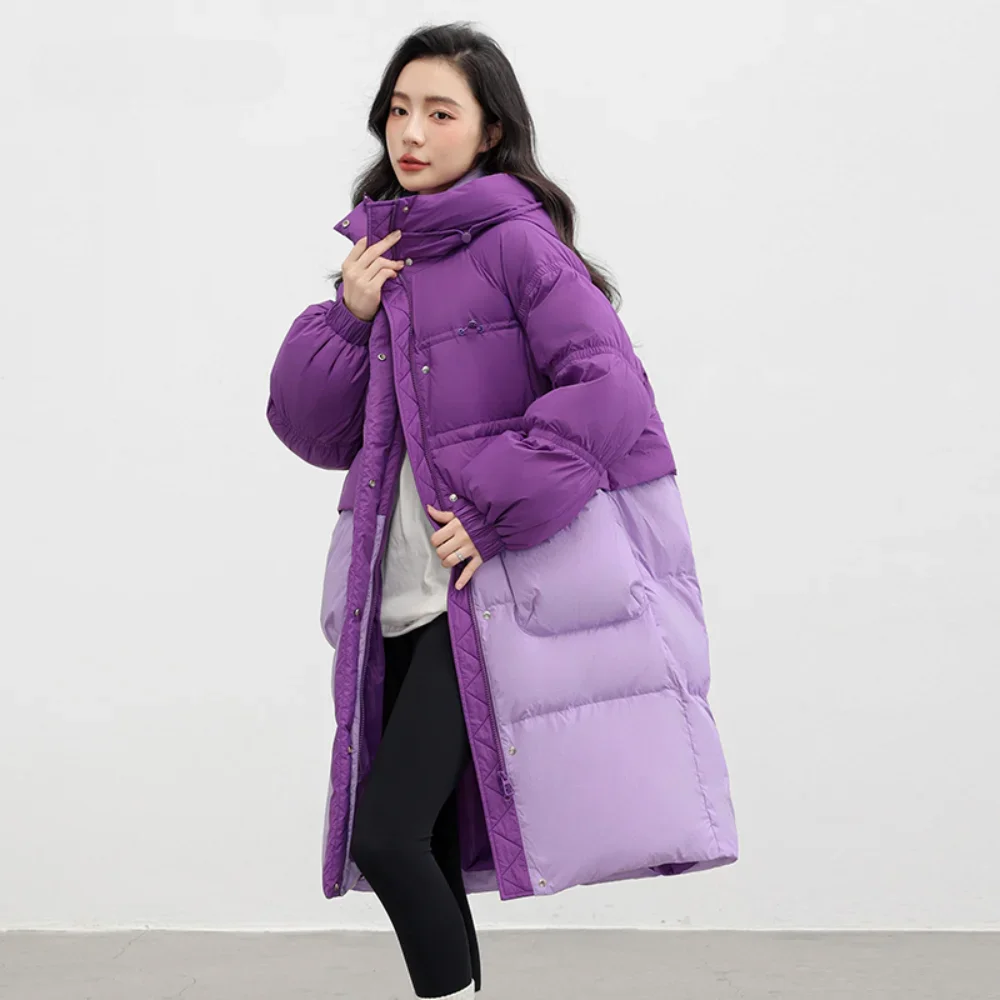 

Winter Women's Jackets 2024 White Duck Down Hooded Thickened Long Down Jacket Quilted Color Collision Casual Warm Overcoat