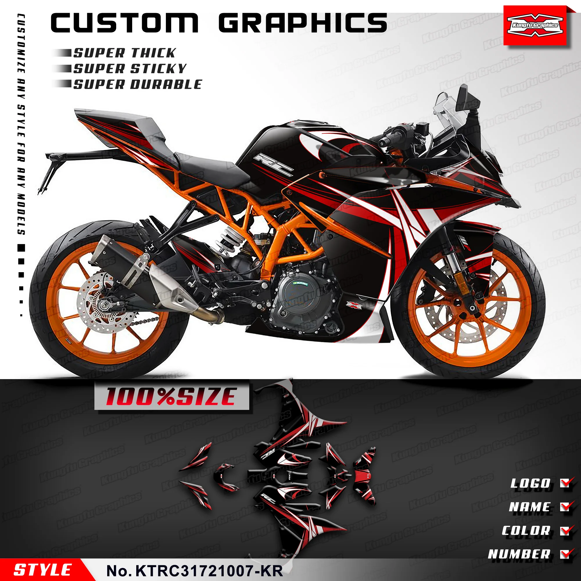 KUNGFU GRAPHICS Graphics Kit Stickers Complete for KTM RC 125 200 250 390 14 15 16 17 18 2019 2020 2021, KTRC31721007-KR