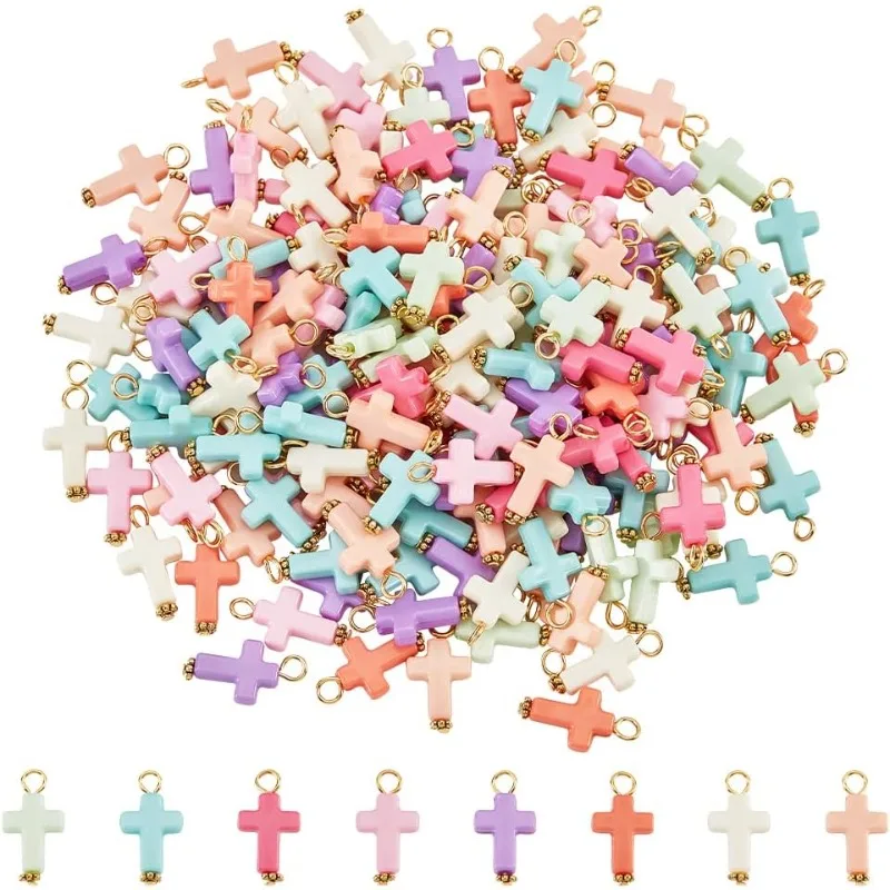 

200 Pcs Cross Acrylic Pendants Random Colors Opaque Cross Pendants Crucifix Cross Charm Beads with Iron Finding for Easter
