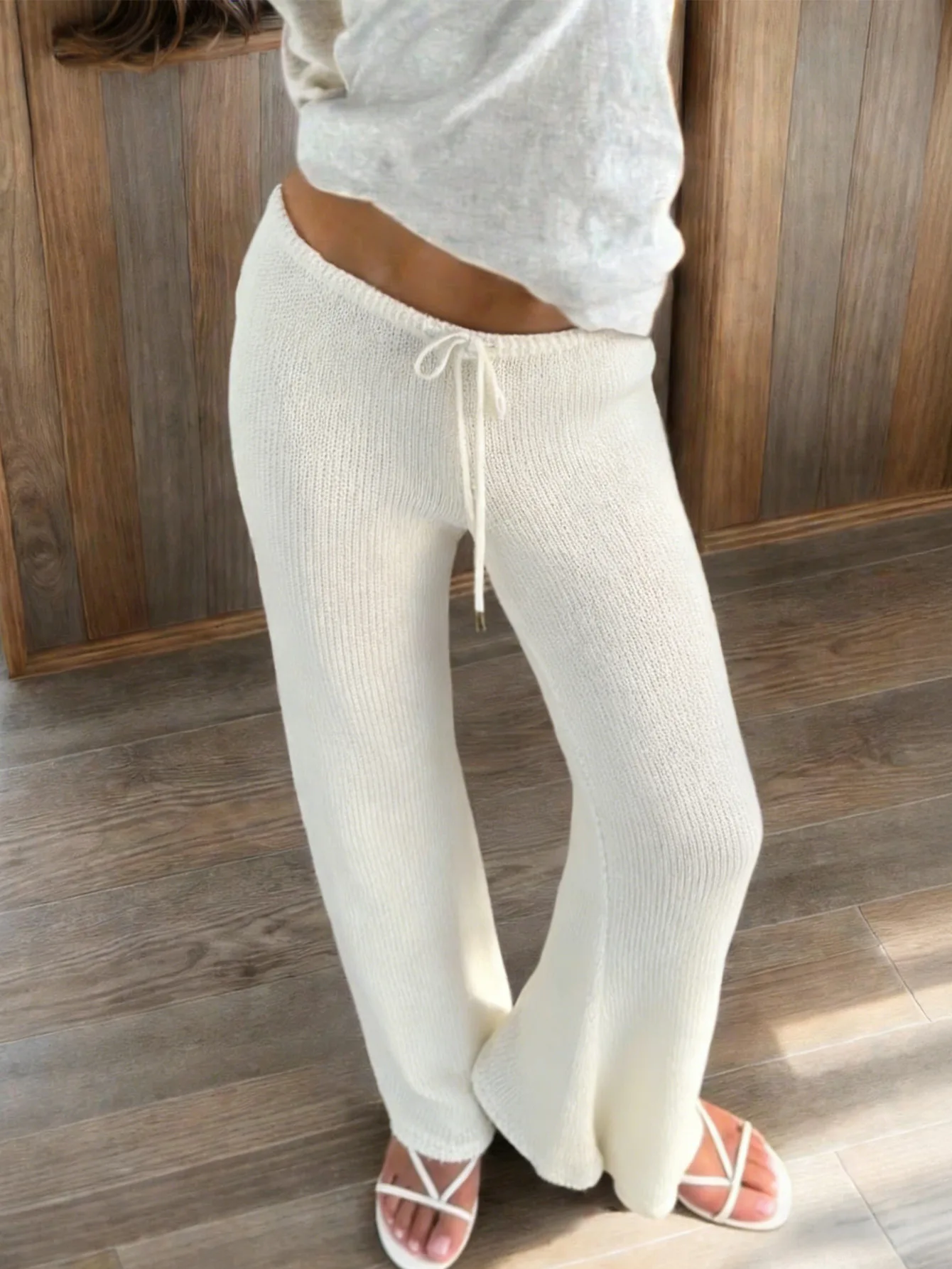 

Women's Pants Summer New Fashionable Elegant Casual Style Solid Color Low Waisted Lace Up Hollow Transparent Loose Knitted Pants