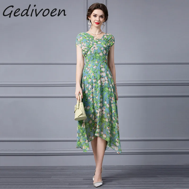 

Gedivoen Summer Fashion Runway Vintage Floral Print Temperament Dress Women's V- Neck Ruched High Waist Irregularity Long Dress