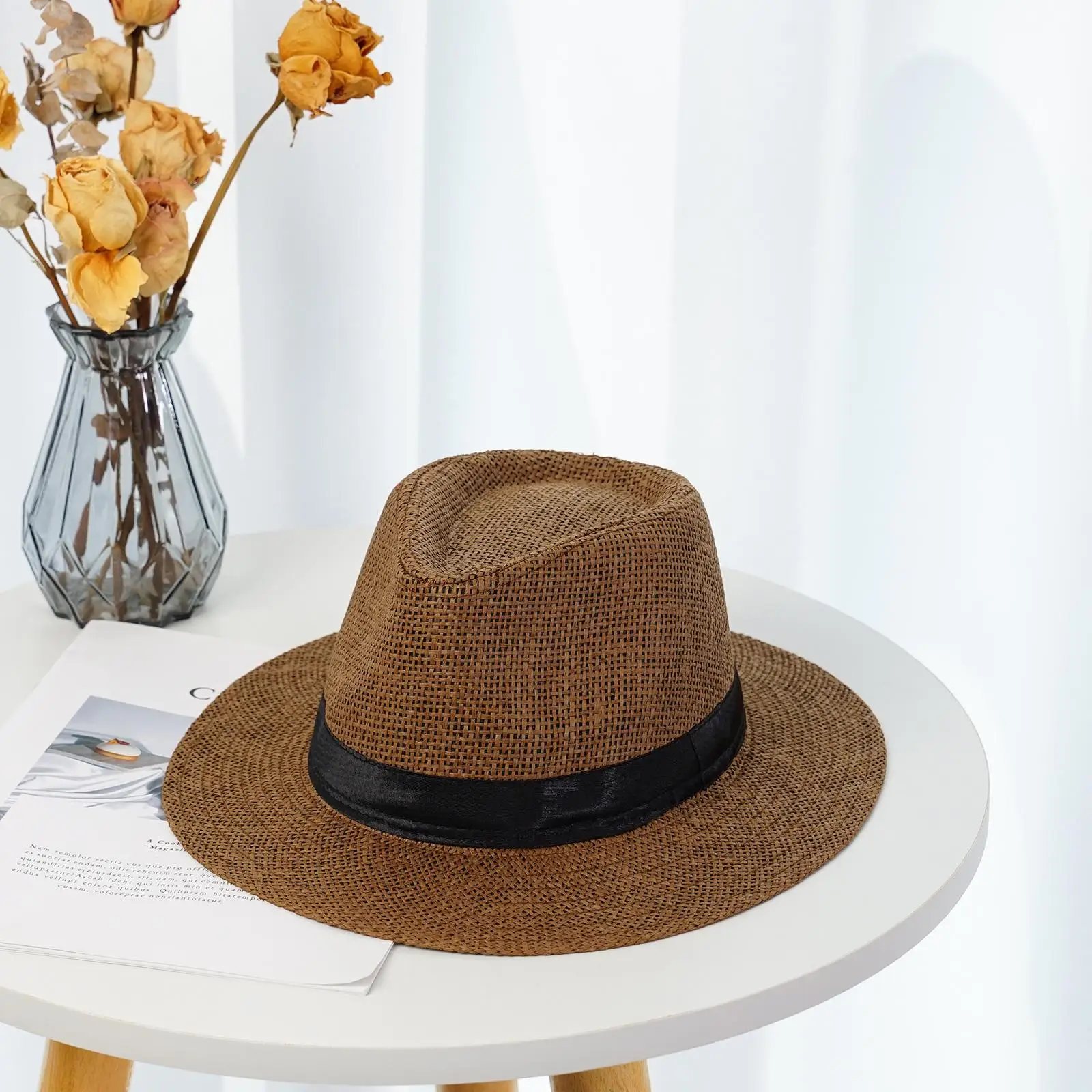 Sunhat النساء الرجال موضة الصيف عادية العصرية شاطئ الشمس القش قبعة كاوبوي فيدورا قبعة العصابات قبعة قبعة الشمس قبعة صغيرة واقية من الشمس