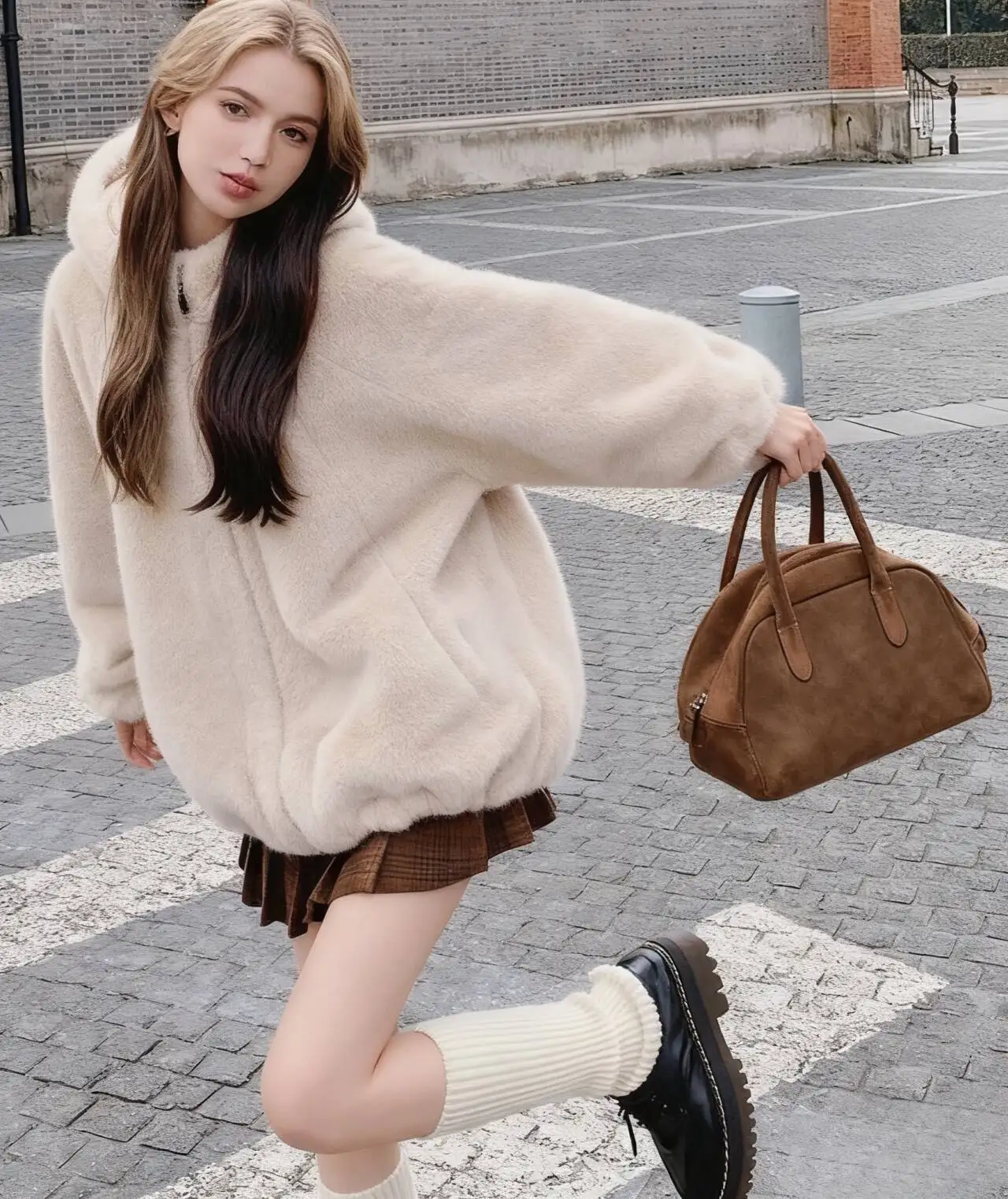 سترات نسائية شتوية من فراء الأرنب الحقيقي شيربا مزينة بالألماس بطبقات مزدوجة مع سحاب كامل وياقة مدورة للمكتب كاجوال