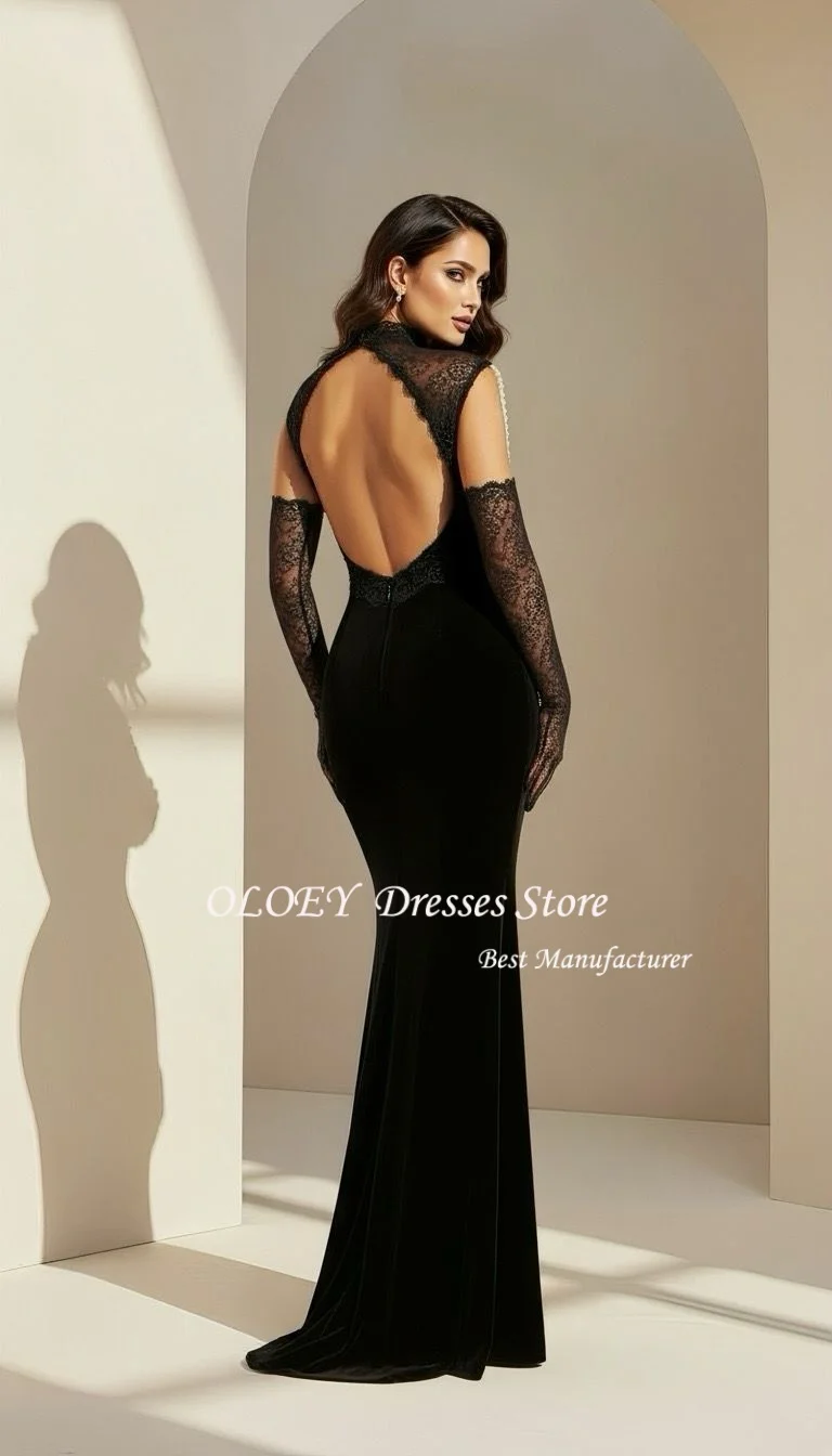 OLOEY 블랙 레이스 특별 행사 드레스 오-넥 롱 드레스 맞춤형 행사 파티 절묘한 공식적인 고품질 맞춤형