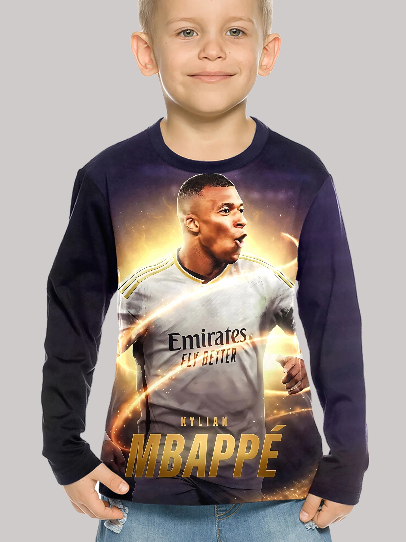 3D Print Children Football Star Kylians M-mbappes T-Shirt Long Sleeve Spring Fall Clothes Casual Round Neck Boys and Girls Tops