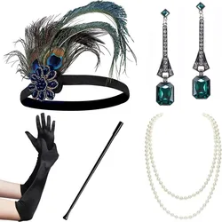 PESENAR 1920s Flapper Accessories Gatsby Costume Accessories Set 20s Flapper Headband Pearl Necklace Gloves Plastic Holder