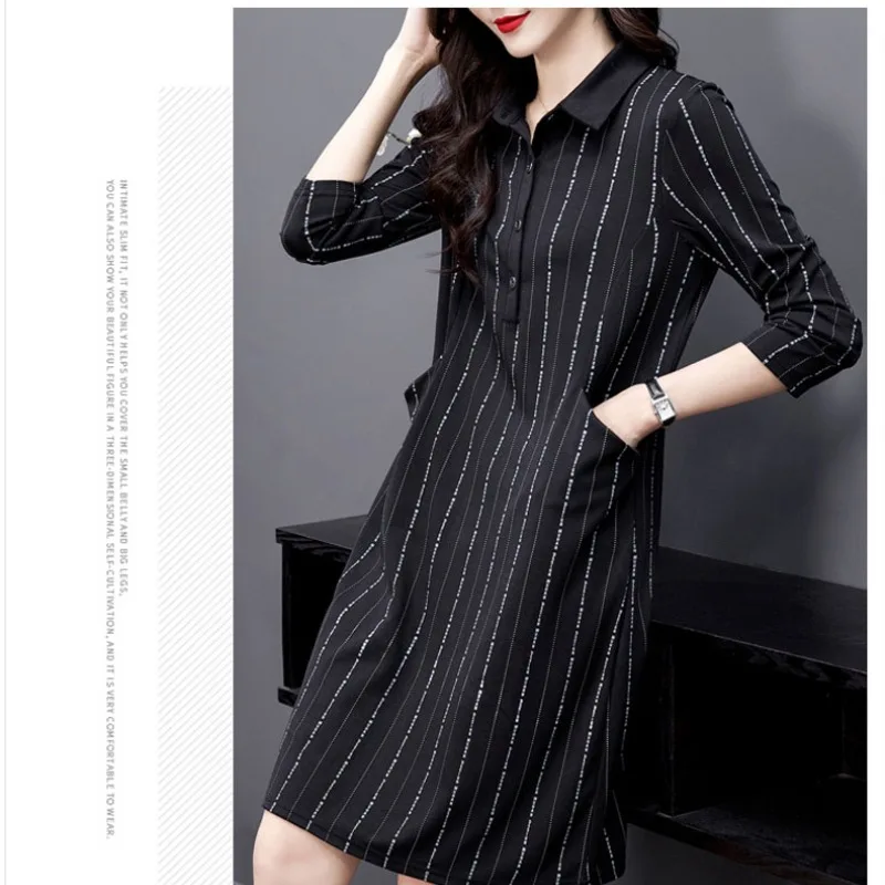 Women's 2024 Spring New Pullover Turndown Collar Button Pocket Vertical Bar Mid Length Loose Covering Belly Long Sleeved Dress