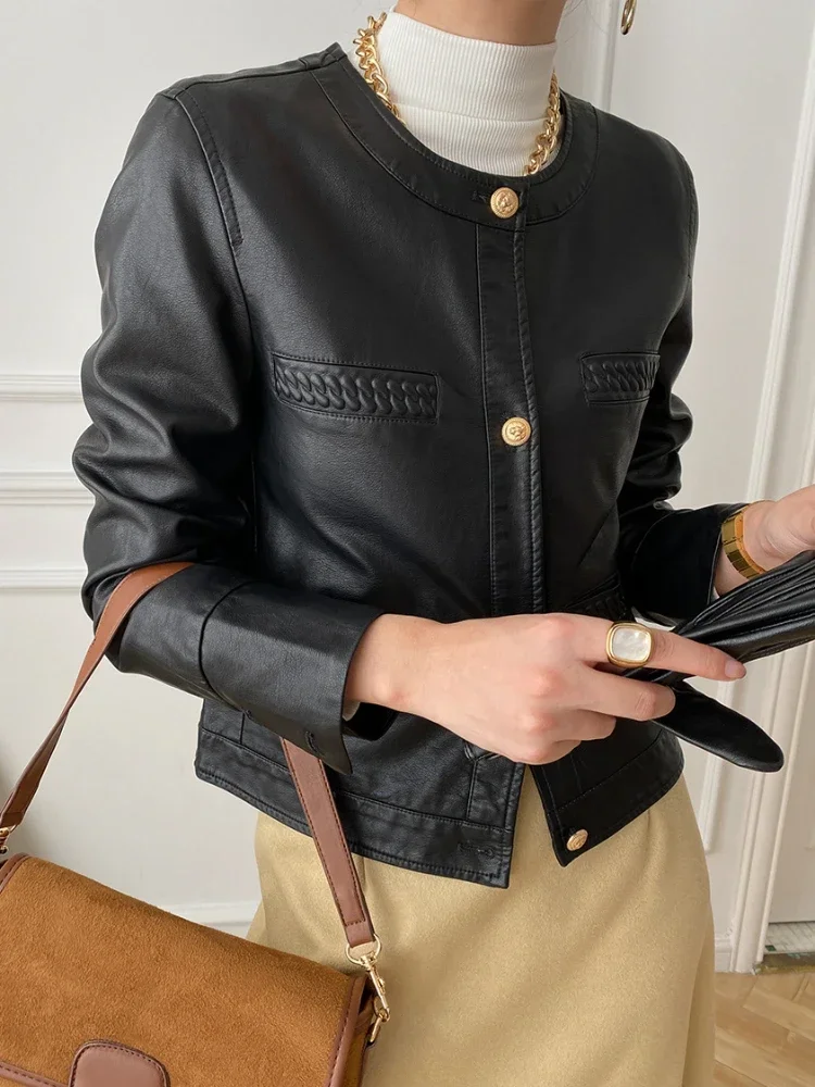 Elegant O-neck Leather Jacket for Women Spring Autumn 2024 New Trend Woven Texture Design PU Leather Cropped Jackets