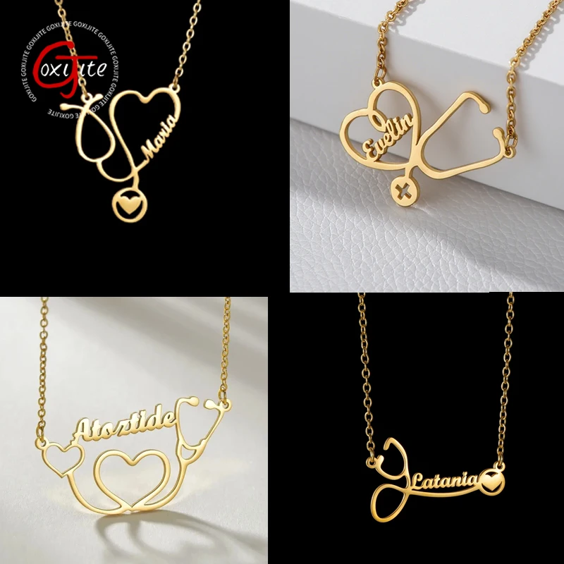 Goxijite Customized Name Stone Stethoscope Necklace For Women Stainless Steel Personalized Heart Necklaces Creative Jewelry Gift