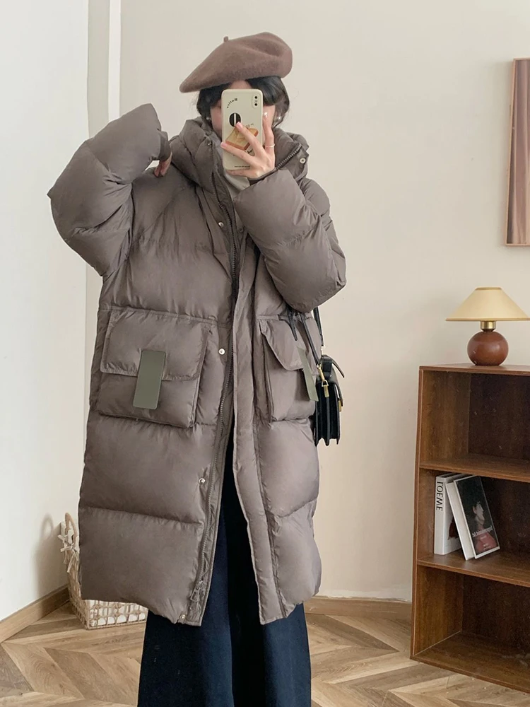 Women Winter Hooded Down Cotton Coats New Loose Thickened Mid-length Knee Over Cotton-panded Jackets Casual Big Pocket Warm Coat