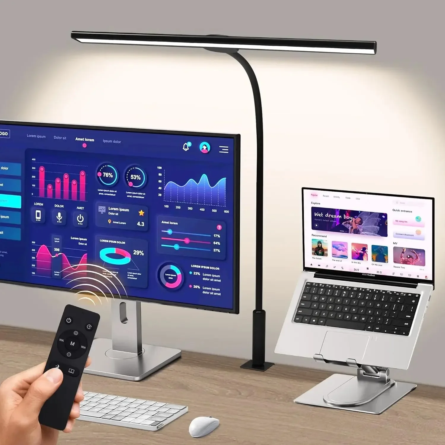 A  LED Desk Lamp, Stepless Dimming Desk Lamps with Clamp Eye Caring Desk Light with Adjustable Gooseneck Wireless Remote Control