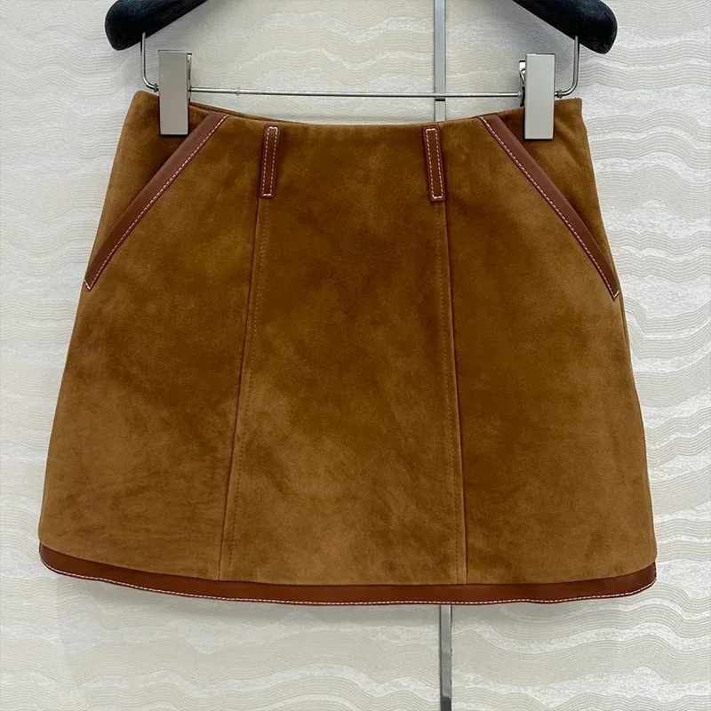 

High quality women Haute Couture Suede Sheepskin Mini Skirt, Retro Contrast Edge Cutting Slim Sweet Cool Unique Style 2562651