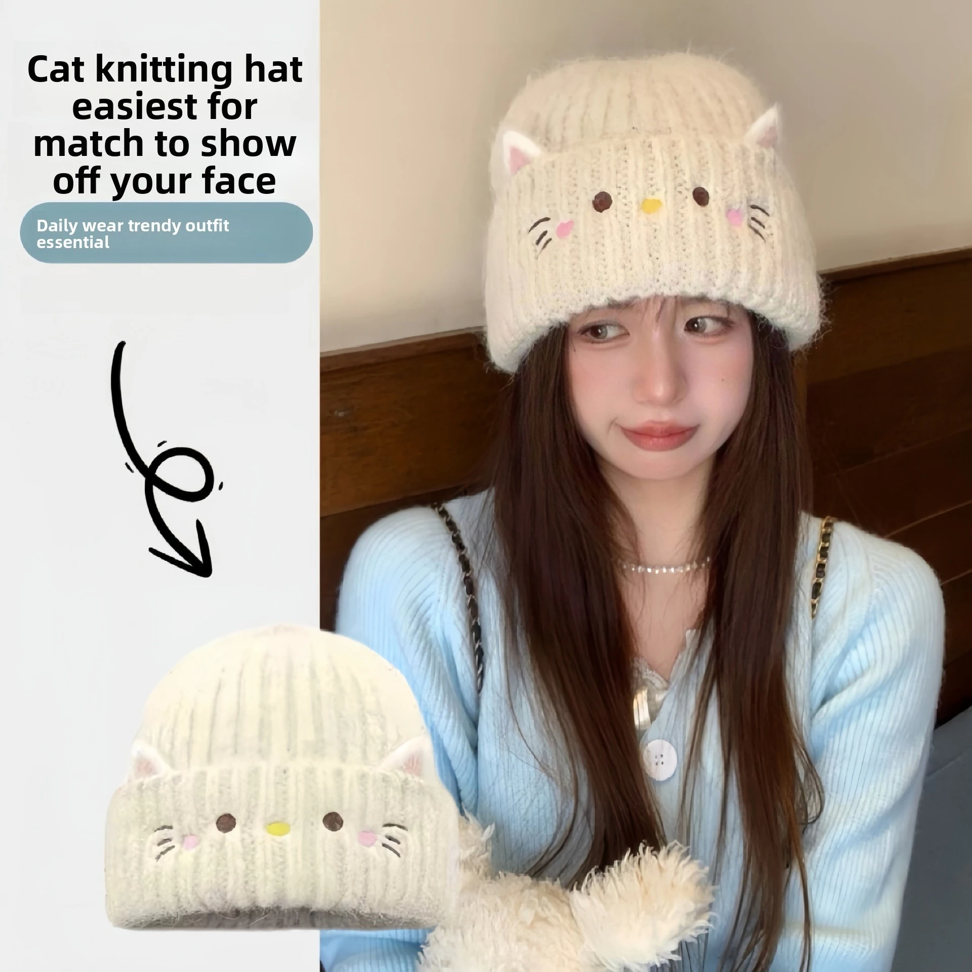 Hearing Protection Women Cute Cat Pattern Wool Knitted Beanie Hat Protective Warm Ear Flap Design for Autumn Winter Daily Wear