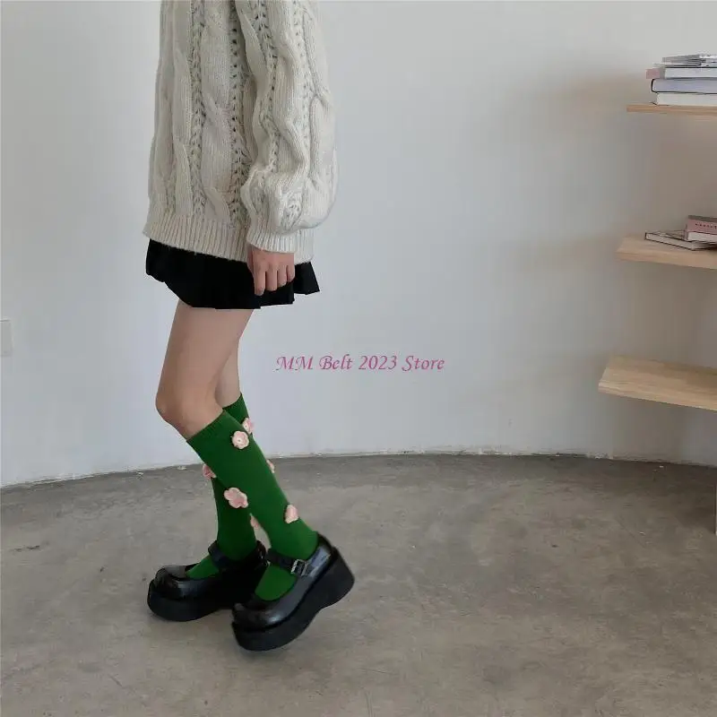 

49ME Japanese Women Calf Length Socks Harajuku 3D Crochet Faux Wool Flower Girls Socks