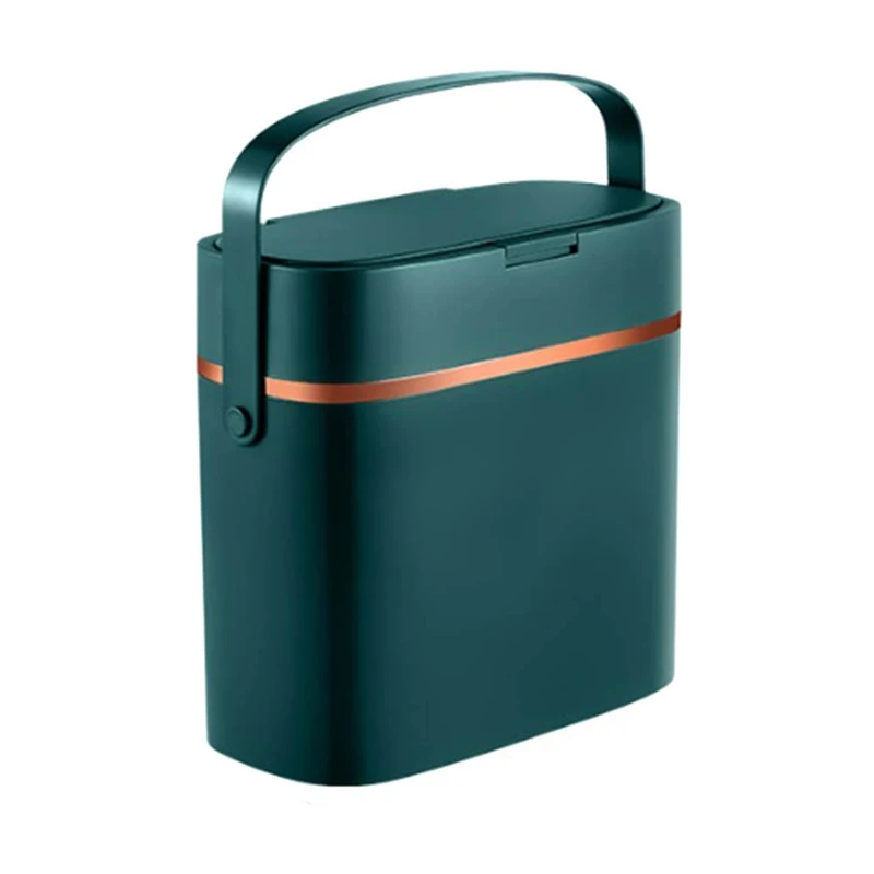 1 Piece Trash Bin With Lid And Handle Plastic Trash Bin 16 Liter Dark Green For Bedroom/Narrow Food Waste Bin/Office/RV