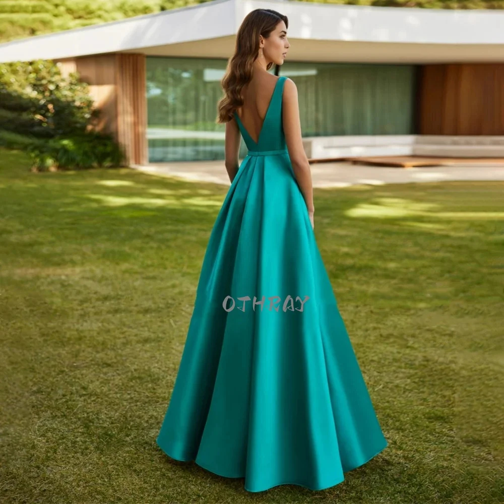 OTHRAY Belt Pockets Backless Floor Length Women\'s Evening Gown Evening Dress Satin Deep V Neck A Line Formal Party Gowns 2024