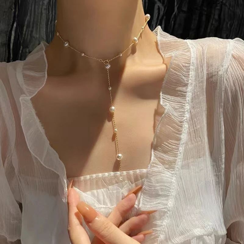 KUGG PEARL 18K Yellow Gold Necklace Natural Freshwater Pearl Chain Necklace Fashion INS Jewelry for Women
