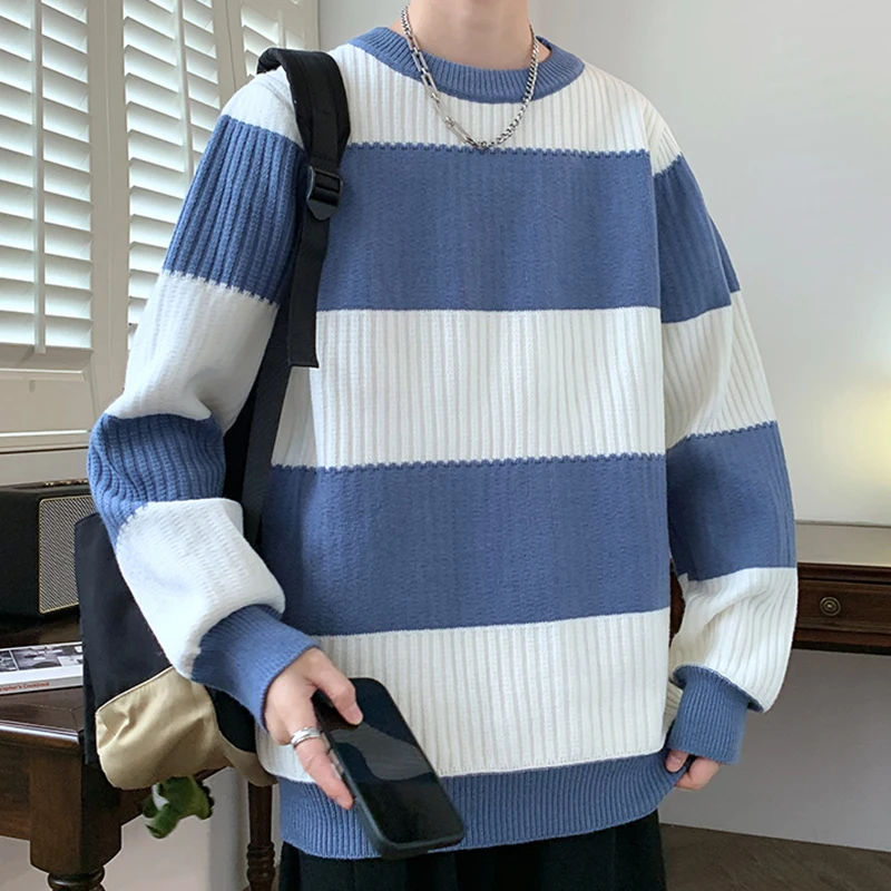 

2024 Cashmere Wool Blend Men's Sweater Round Neck Knitted Pullover Basic Striped Contrast Color Casual Fashion Male Top S34