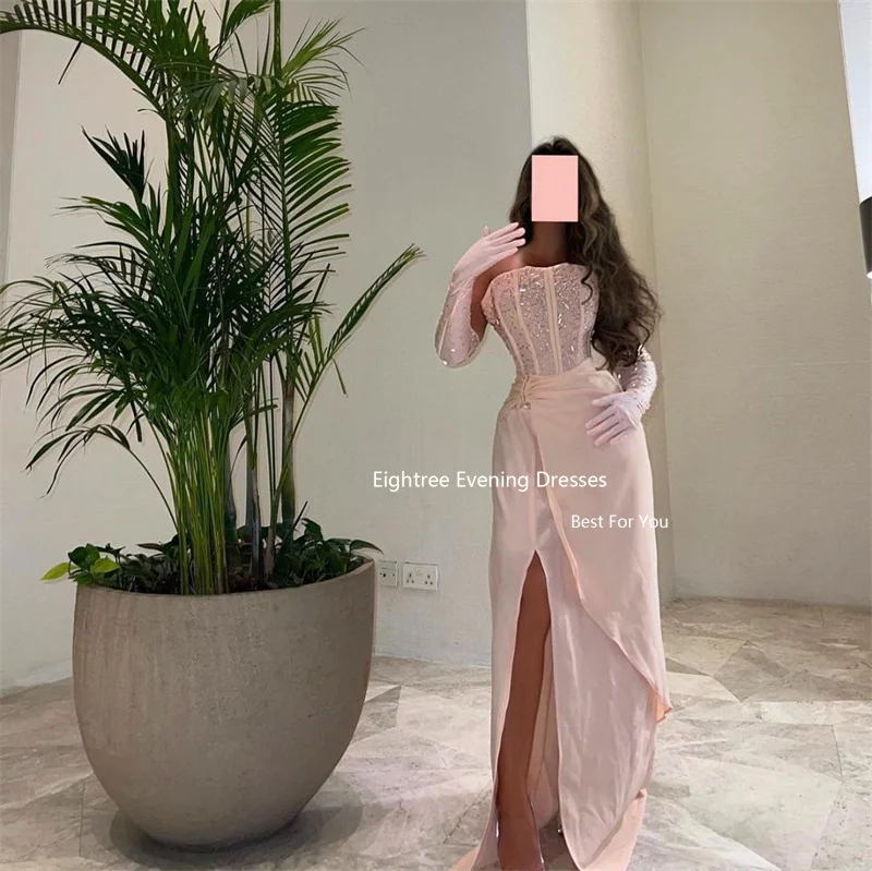 Eightree Pink Elegant Evening Dresses Mermaid Strapless Crystal Slit Abendkleider Dubai Vestido De Noche Party Dresses No Gloves