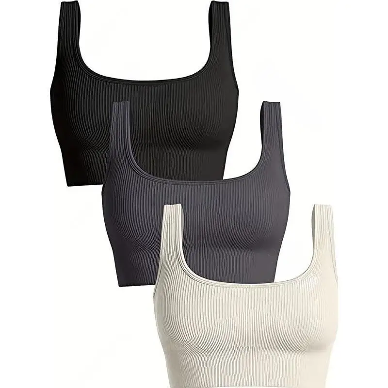 Seamless Ribbed Women Yoga Bra Quick Drying Sports Crop Tops with Breast Pad Solid U Back Gym Top Workout Running Vest