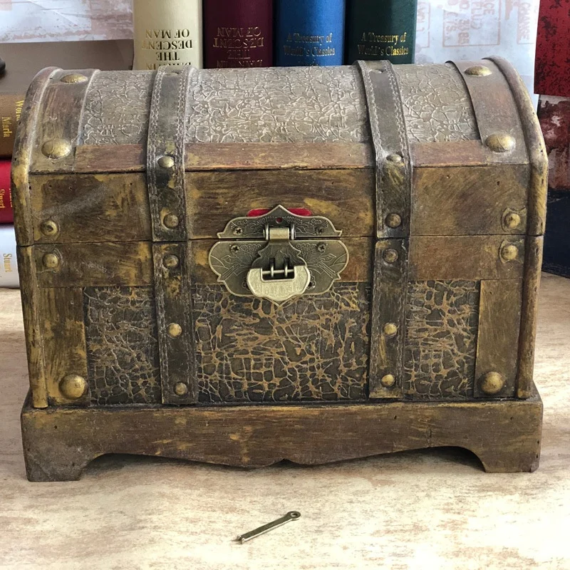 

Retro Pirate Chest Wooden Storage Box Vintage Decorative Prop with Lo Treasure Box Classic Old Sle Handmade Crted