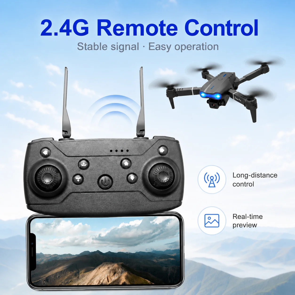 4K HD RC Drone Foldable Dual Camera 90° Adjustable 120° Wide Angle 50X Zoom Altitude Hold 2.4G 100M Remote FPV Quadcopter