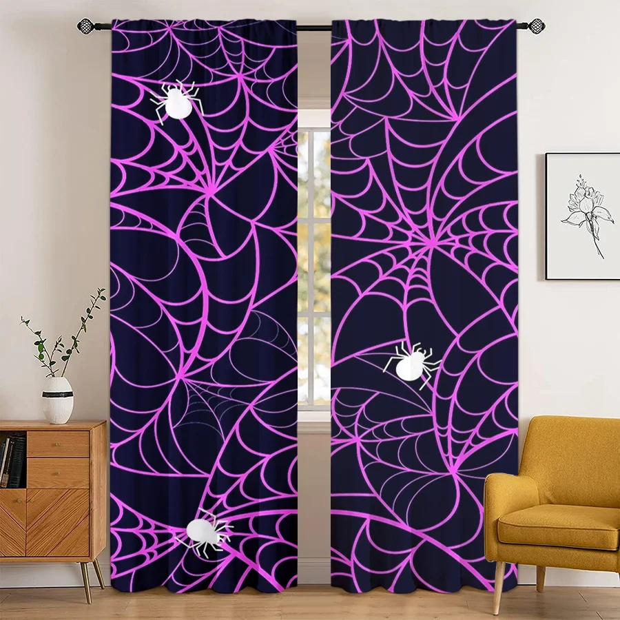 2PCS Purple Spider Web Print Curtains, Halloween Spider Dark Background Window Drapes for Bedroom Living Room Holiday Decor