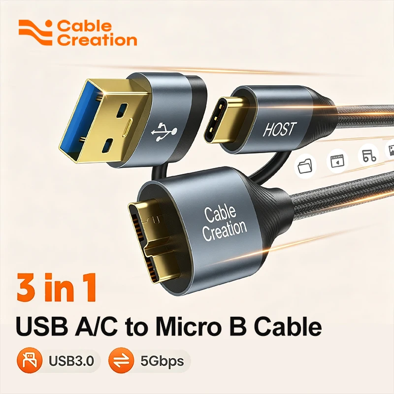 CableCreation 3-in-1 USB A Type C to Micro USB 3.0 Hard Drive OTG Cable 5Gbps Braided Cord for WD Seagate LaCie 2.5