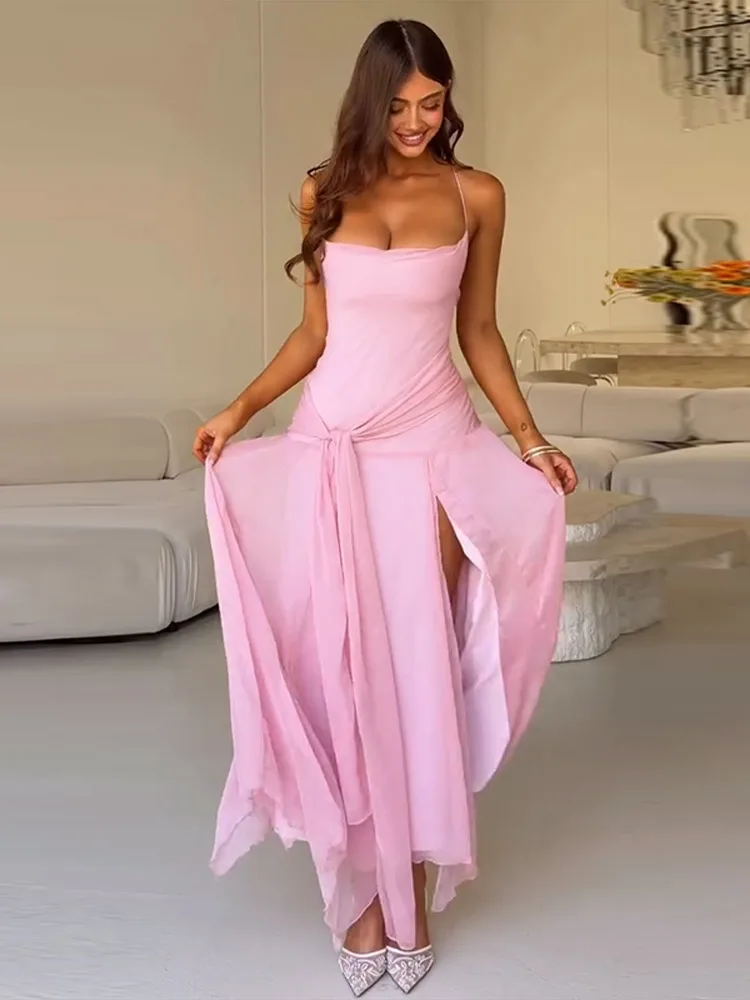 Asymmetrisches Langes Schnürkleid für Damen Sexy Spaghetti-Träger Ärmellos Rückenfrei Hoher Schlitz Schlankes Party-Abendkleid Neues Vestido – Detail 6