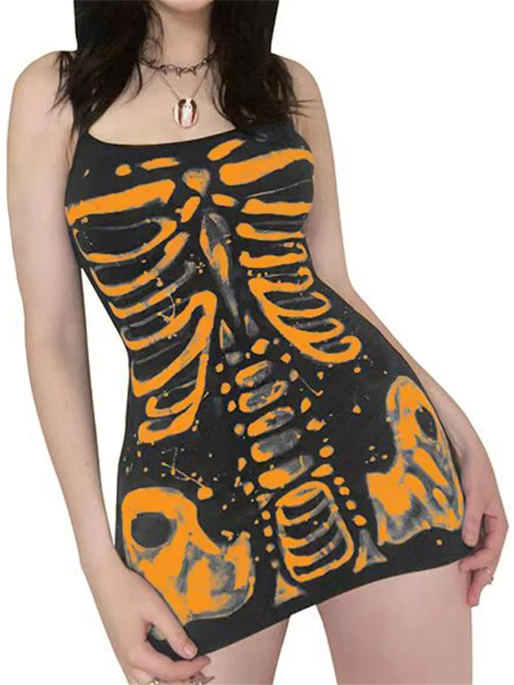 فستان نسائي بحمالات على شكل جمجمة وحزام سباغيتي بدون أكمام فستان قصير لحفلات الهالوين القوطية Y2K #2
