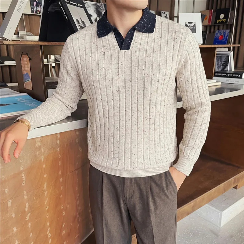 New Winter Collection of Men's Long-sleeve Pullovers: Stylish, Slim-fit Crew-neck Sweaters with Vertical Stripes for Warmth.