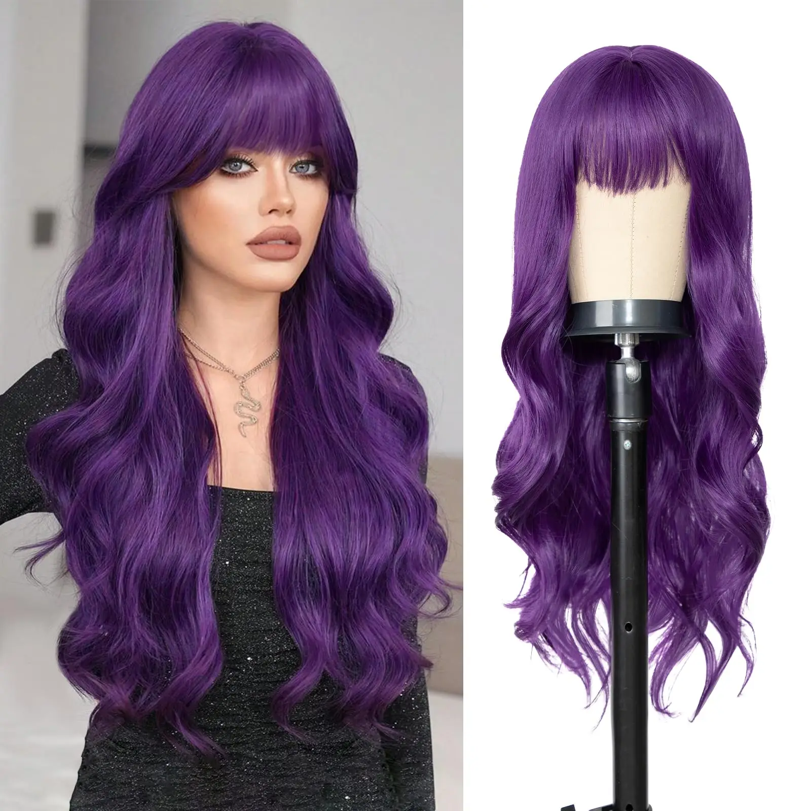 Purple synthetic wig with big waves for party, Halloween cosplay, everyday use, high-temperature hair accessory