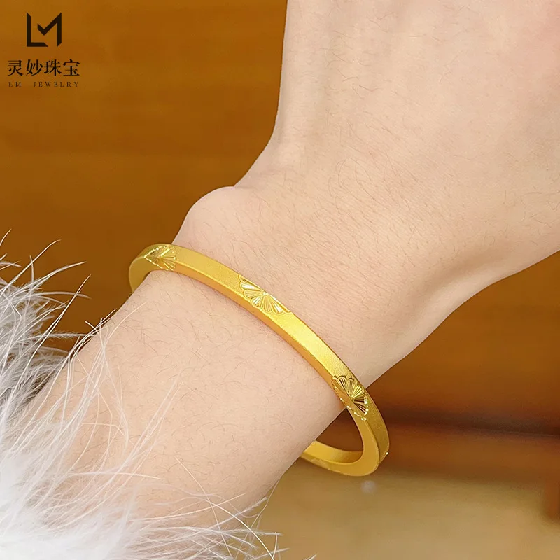 

9999 Ancient method engraved small daisy square bracelet 24K real gold solid circle flower bracelet simple and versatile
