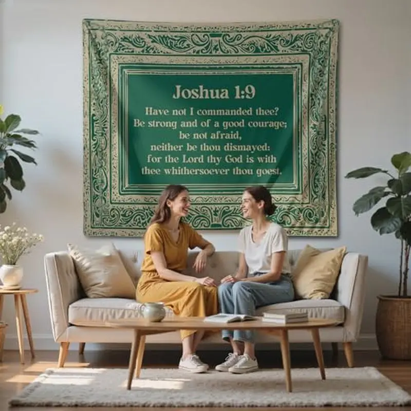 Joshua 1:9 Retro Green Bible Verse Tapestry Wall Hanging, Christian Faith Wall Decor for Bedroom Home Decor