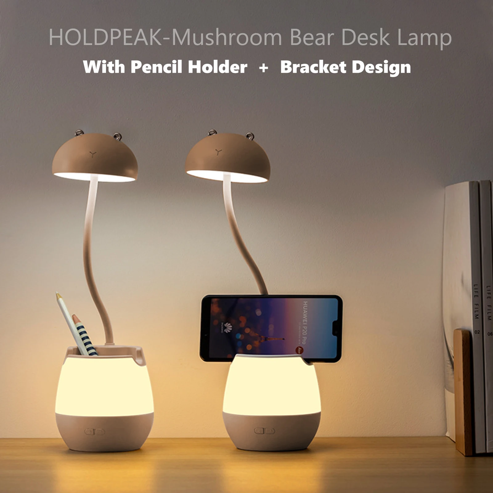 

Милая настольная лампа в виде грибовидного медведя с подставкой для карандашей и держателем для телефона, двойной источник света, LED-лампа для защиты глаз, диммируемый ночник для комнаты
